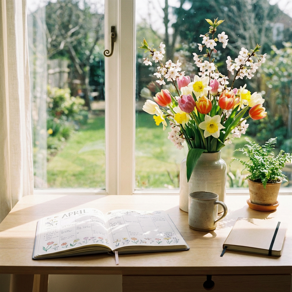 Sunny workspace with an open April planner, spring flower bouquet, and coffee mug.