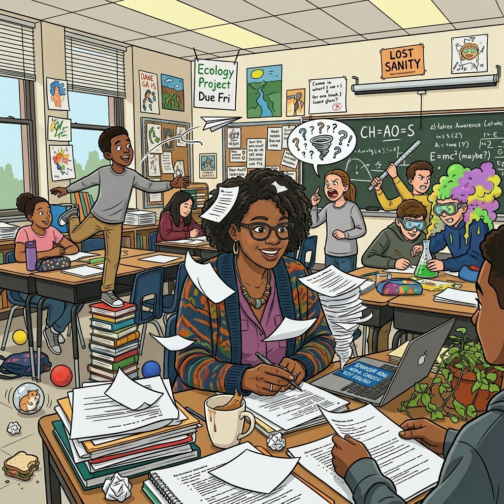 Teacher smiling and talking with a student at a desk in a busy classroom