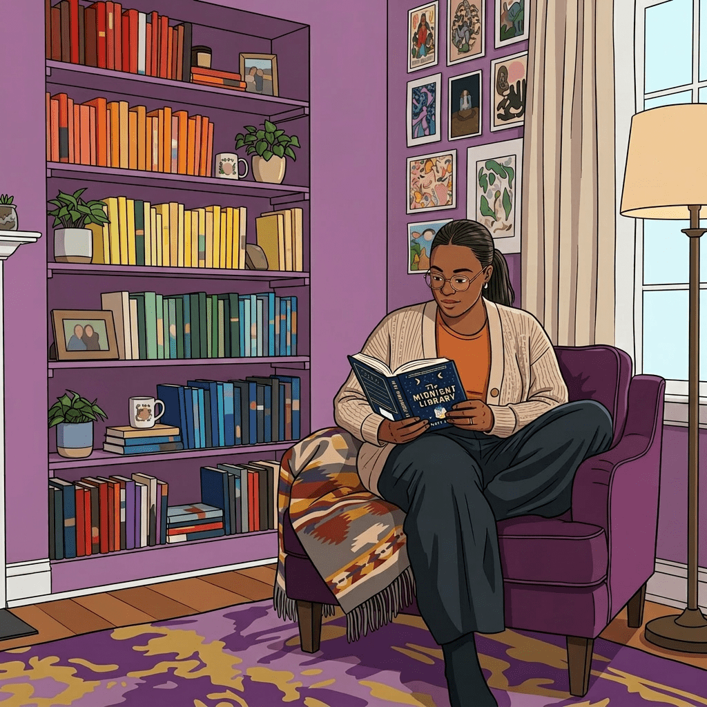 Woman sitting on purple armchair reading a book in a room with colorful bookshelves arranged by color.