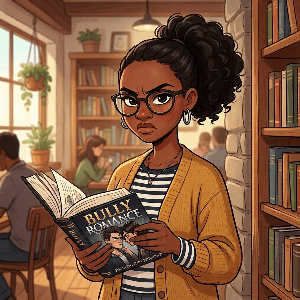 Woman with glasses reading a book titled History of Everything in a library