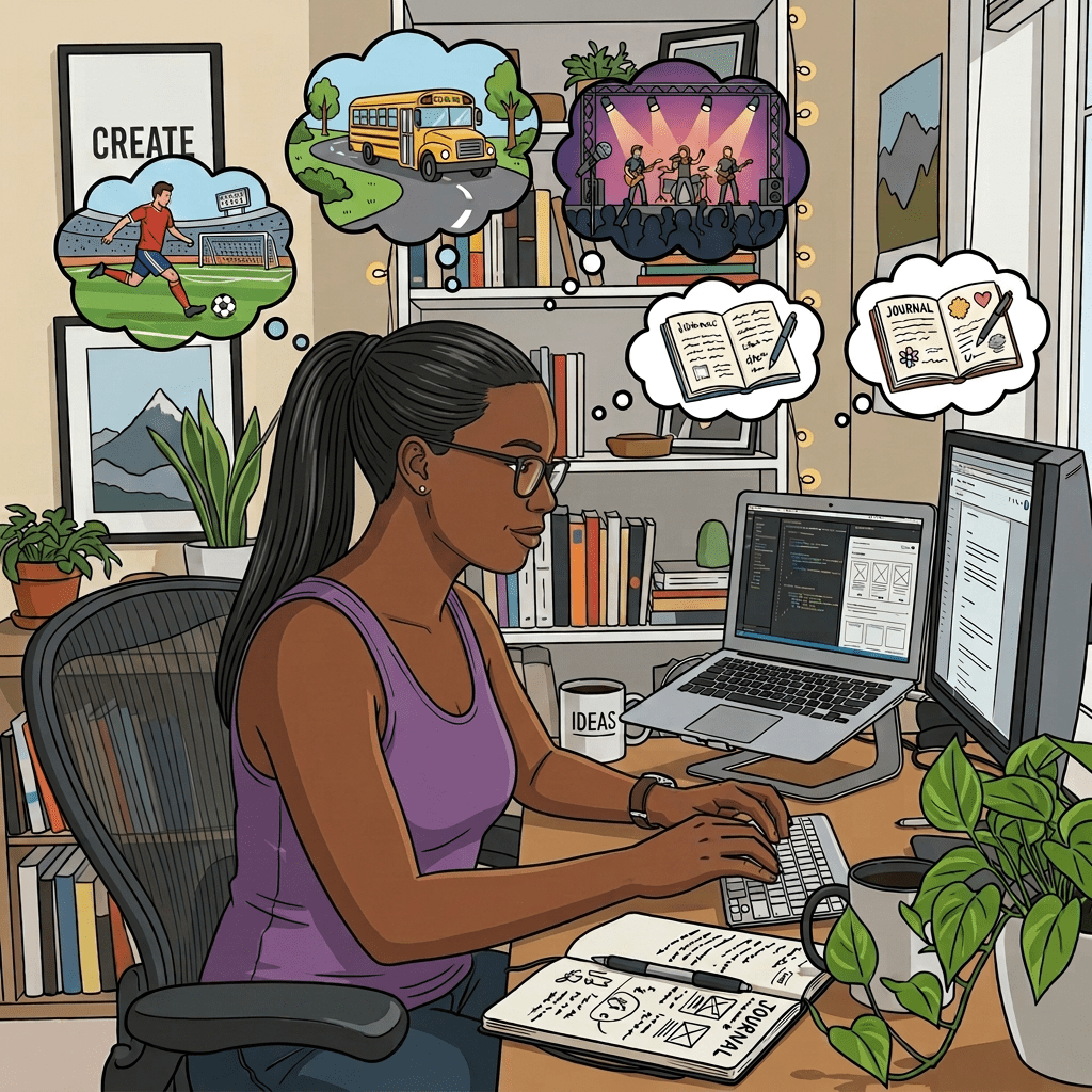 Woman typing on keyboard at desk with coding on laptop and thought bubbles about tasks and ideas