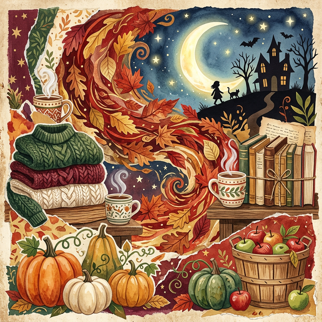 Autumn collage with sweaters, tea, books, pumpkins, apples, and a moonlit haunted house